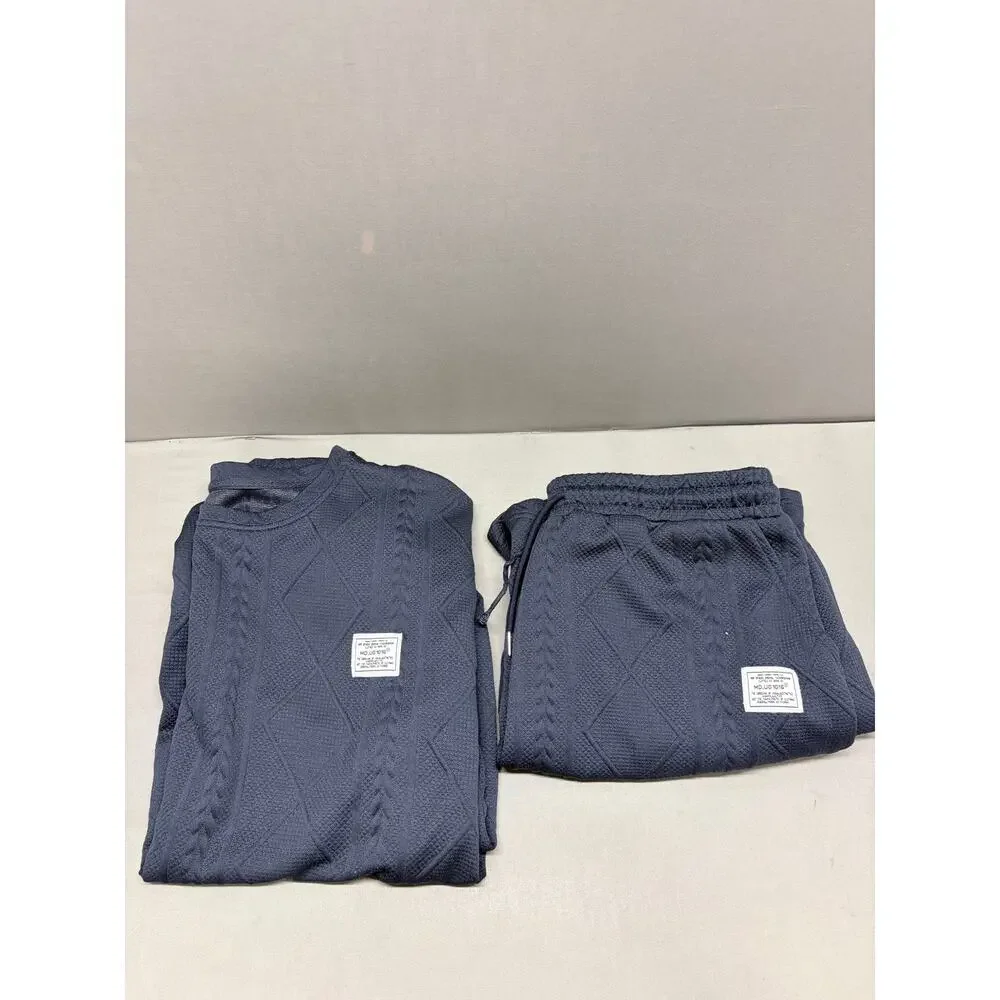 Mens Textured Knit 2 Piece Short Set Slate Blue Streetwear Lounge Suit Size L